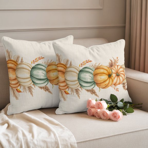 Waterproof Throw Pillow Covers 18x18 Set of 2, Thanksgiving Pumpkin Autumn Reed Outdoor Pillowcases Invisible Zipper, Fall Leaves Retro Linen Decorative Cushion Covers for Patio Garden Sofa Couch