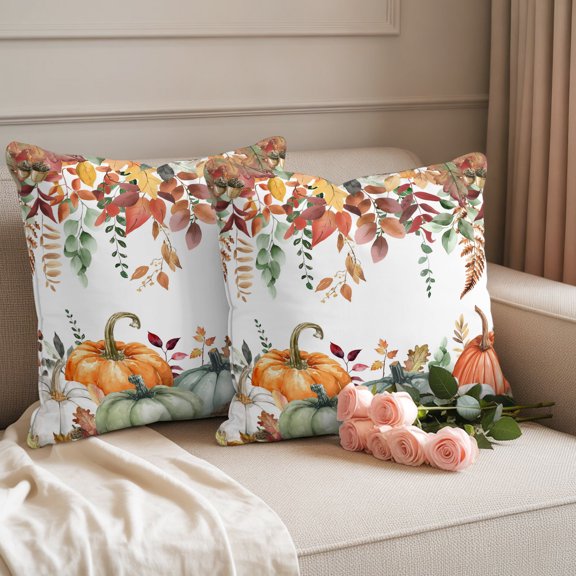 Waterproof Throw Pillow Covers 18x18 Set of 2, Thanksgiving Pumpkin Autumn Watercolor Leaves Outdoor Pillowcases, Orange Fall Leaves Decorative Cushion Covers for Patio Garden Sofa Couch