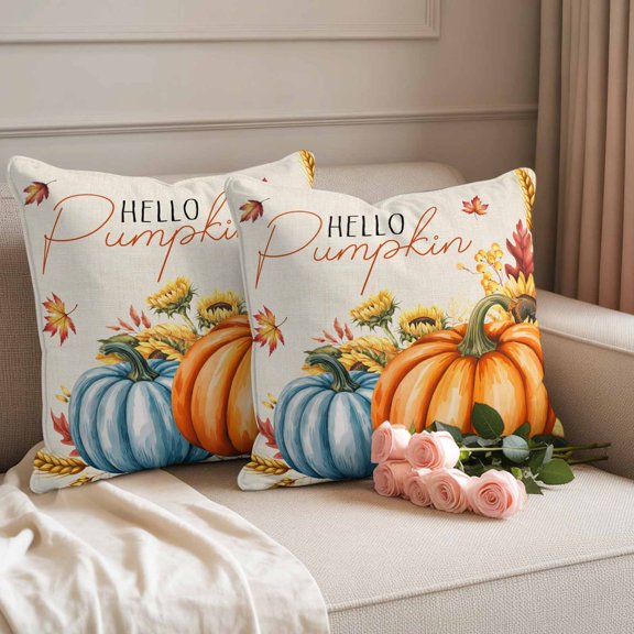 Waterproof Throw Pillow Covers 18x18 Set of 2, Thanksgiving Pumpkin Farm Wheat Outdoor Pillowcases Invisible Zipper, Fall Harvest Vintage Linen Decorative Cushion Covers for Patio Garden Sofa Couch