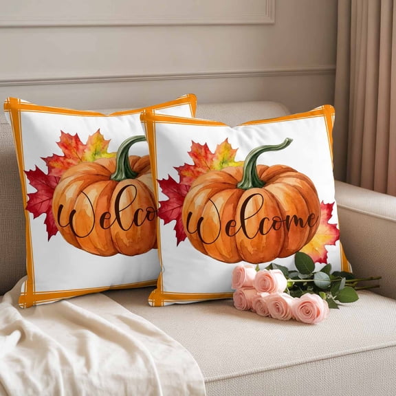 Waterproof Throw Pillow Covers 18x18 Set of 2, Thanksgiving Pumpkin Orange Line Outdoor Pillowcases with Invisible Zipper, Fall Maple Leaf Plant Decorative Cushion Covers for Patio Garden Sofa Couch
