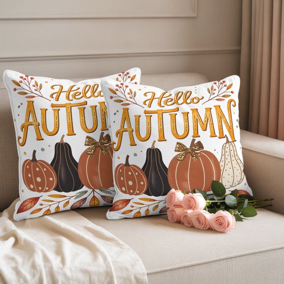 Waterproof Throw Pillow Covers 18x18 Set of 2, Thanksgiving Pumpkin Orange Watercolor Outdoor Pillowcases with Invisible Zipper, Fall Leaves Decorative Cushion Covers for Patio Garden Sofa Couch