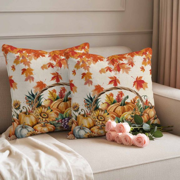 Waterproof Throw Pillow Covers 18x18 Set of 2, Thanksgiving Pumpkin Sunflower Outdoor Pillowcases with Invisible Zipper, Fall Orange Maple Leaves Decorative Cushion Covers for Patio Garden Sofa Couch