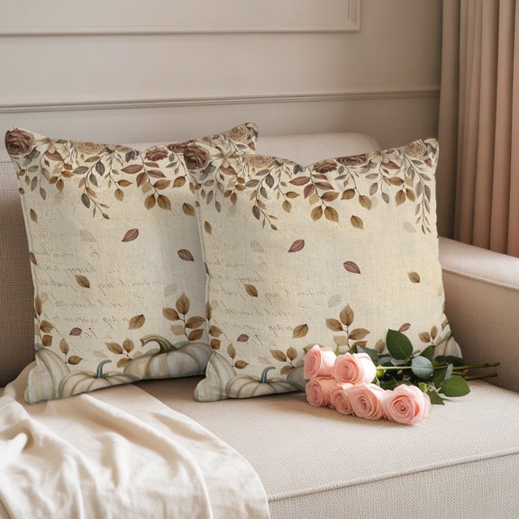 Waterproof Throw Pillow Covers 18x18 Set of 2, Vintage Thanksgiving Pumpkin Floral Outdoor Pillowcases with Invisible Zipper, Fall Maple Leaves Decorative Cushion Covers for Patio Garden Sofa Couch