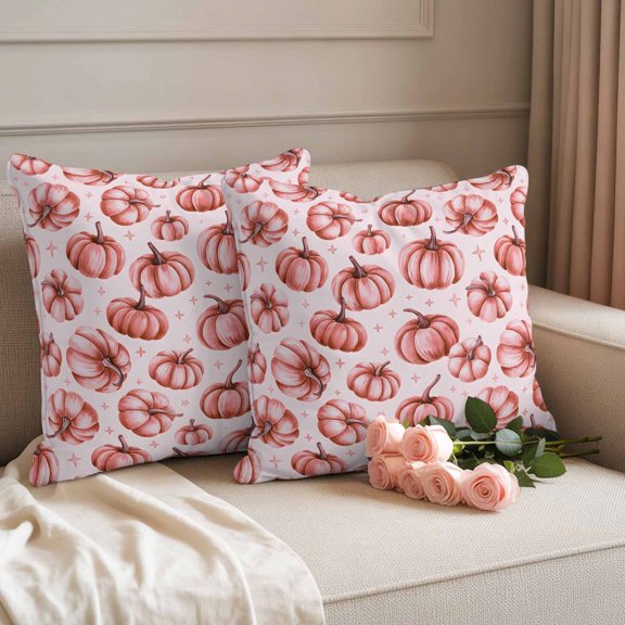 Waterproof Throw Pillow Covers 18x18 Set of 2, Watercolor Pink Autumn Pumpkins Outdoor Pillowcases with Invisible Zipper, Abstract Fall Plant Decorative Cushion Covers for Patio Garden Sofa Couch
