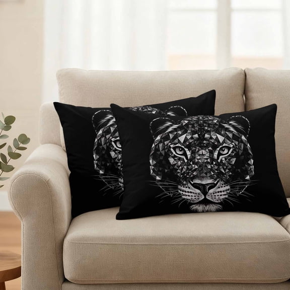 Waterproof Throw Pillow Covers 20x12 Set of 2, Abstract Tiger Head on Black Outdoor Pillowcases Invisible Zipper, Geometrical Animal Splicing Art Decorative Cushion Covers for Patio Garden Sofa Couch