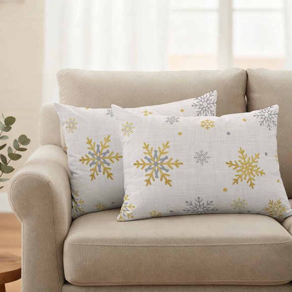 Waterproof Throw Pillow Covers 20x12 Set of 2, Christmas Gold Snowflake Retro Linen Outdoor Pillowcases Invisible Zipper, Winter Falling Snow Decorative Cushion Covers for Patio Garden Sofa Couch