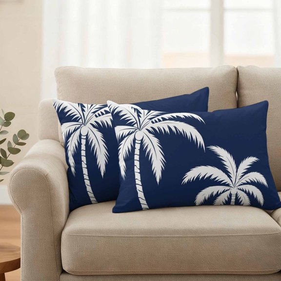 Waterproof Throw Pillow Covers 20x12 Set of 2, Tropical Coconut Tree Outdoor Pillowcases with Invisible Zipper, Deep Navy Background Decorative Cushion Covers for Patio Garden Sofa Couch Balcony