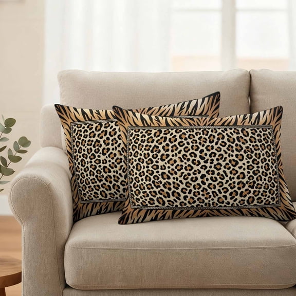 Waterproof Throw Pillow Covers 20x12 Set of 2, Wildlife Leopard Spots Tiger Print Outdoor Pillowcases with Invisible Zipper, Animal Brown Texture Decorative Cushion Covers for Patio Garden Sofa Couch