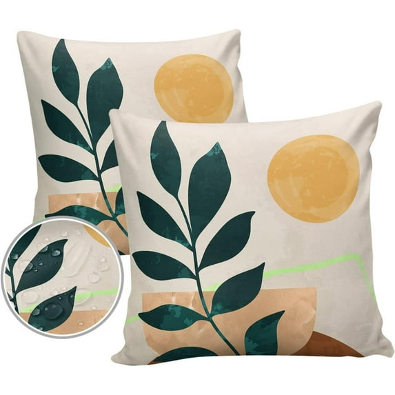 Waterproof Throw Pillow Covers, Abstract Art Mid Century Sun Green Leaves Decorative Pillowcase Soft Cushion Case for Patio Couch Tent Balcony, Set of 2 Square, 18"X18"