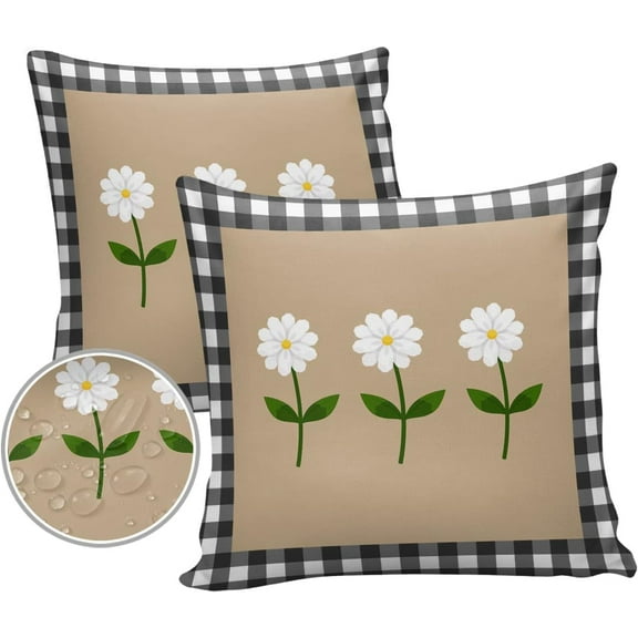 Waterproof Throw Pillow Covers, Daisy Flowers Black White Buffalo Check Plaid Decorative Pillowcase Soft Cushion Case for Patio Couch Tent Balcony, Set of 2 Square, 18"X18"