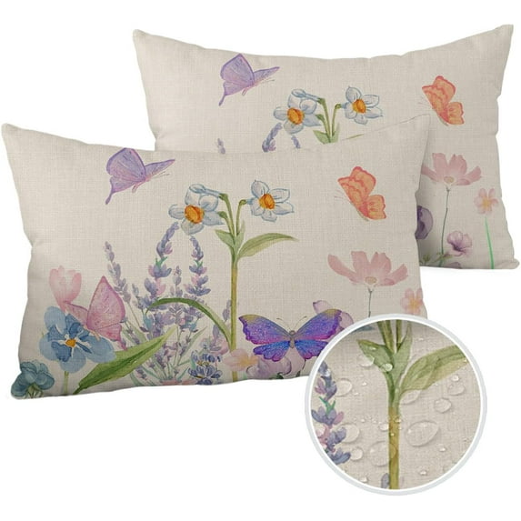Waterproof Throw Pillow Covers, Floral Print Butterfly Watercolor Flower Spring Summer Farm Decorative Pillowcase Soft Cushion Case for Patio Couch Tent Balcony, Set of 2 Rectangle, 20"X12"