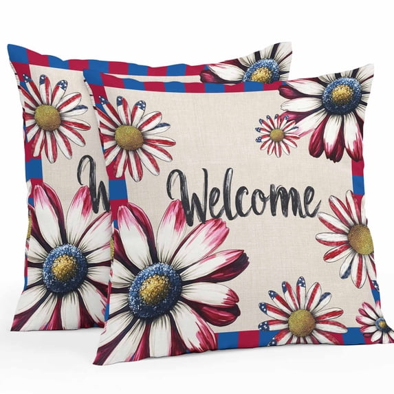 Waterproof Throw Pillow Covers Set of 2, 16x16 Inch 4th of July Decorative Pillowcases Outdoor Pillow Slip Cushion Covers Set for Couch Tent Red Blue Floral Welcome Independence Day