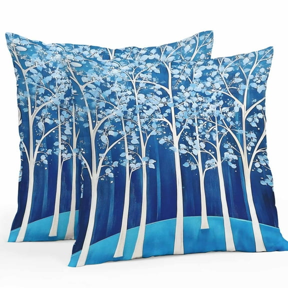 Waterproof Throw Pillow Covers Set of 2, 16x16 Inch Blue Tree Forest Decorative Pillowcases Outdoor Pillow Slip Cushion Covers Set for Couch Tent Leaves Abstract Retro Watercolor