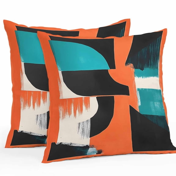 Waterproof Throw Pillow Covers Set of 2, 16x16 Inch Burnt Orange Black Teal Decorative Pillowcases Outdoor Pillow Slip Cushion Covers Set for Couch Tent Color Block Abstract Geometric
