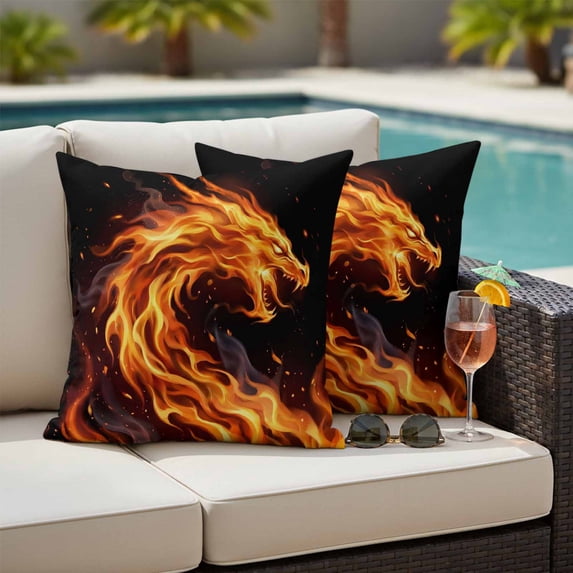 Waterproof Throw Pillow Covers Set of 2, 16x16 Inch Chinese Style Decorative Pillowcases Outdoor Pillow Slip Cushion Covers Set for Couch Tent Fantasy Dragon Orange Gradient Fire