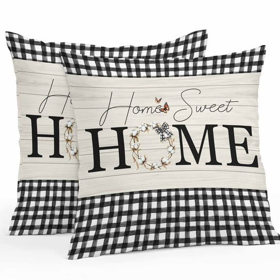 Waterproof Throw Pillow Covers Set of 2, 16x16 Inch Farmhouse Home Decorative Pillowcases Outdoor Pillow Slip Cushion Covers Set for Couch Tent Black Plaid Vintage Wood Grain Butterfly