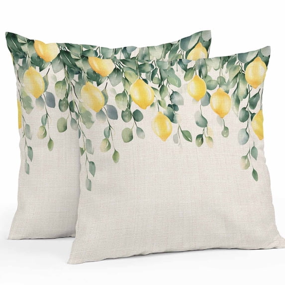 Waterproof Throw Pillow Covers Set of 2, 16x16 Inch Farmhouse Lemon Decorative Pillowcases Outdoor Pillow Slip Cushion Covers Set for Couch Tent Vintage Botanical Leaf Retro Beige