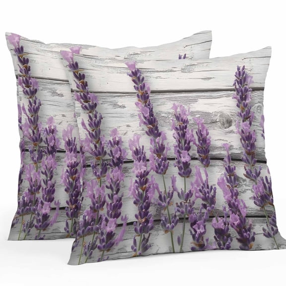Waterproof Throw Pillow Covers Set of 2, 16x16 Inch Spring Lavender Floral Decorative Pillowcases Outdoor Pillow Slip Cushion Covers Set for Couch Tent Watercolor Purple Flower Wood Grain