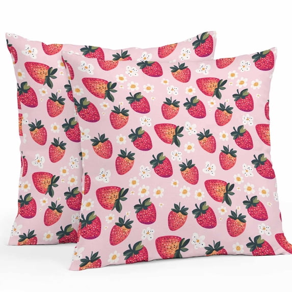 Waterproof Throw Pillow Covers Set of 2, 16x16 Inch Strawberry Decorative Pillowcases Outdoor Pillow Slip Cushion Covers Set for Couch Tent Pink Spring Summer Rustic Floral Fruit