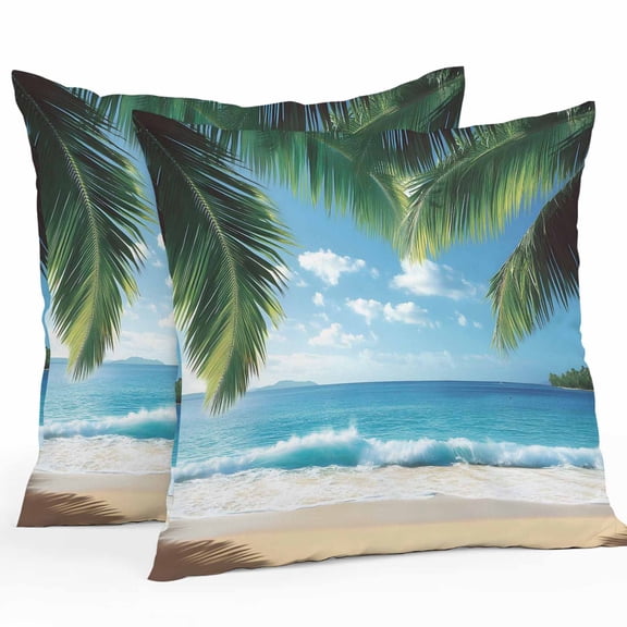 Waterproof Throw Pillow Covers Set of 2, 16x16 Inch Summer Beach Coastal Decorative Pillowcases Outdoor Pillow Slip Cushion Covers Set for Couch Tent Palm Tree Sandy Vacation