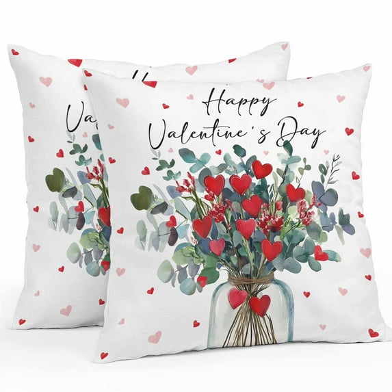 Waterproof Throw Pillow Covers Set of 2, 16x16 Inch Valentine Love Heart Decorative Pillowcases Outdoor Pillow Slip Cushion Covers Set for Couch Tent Watercolor Eucalyptus Leaves