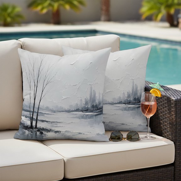 Waterproof Throw Pillow Covers Set of 2, 16x16 Inch Winter River Decorative Pillowcases Outdoor Pillow Slip Cushion Covers Set for Couch Tent Grey Tree Branch Mountain Forest Landscape