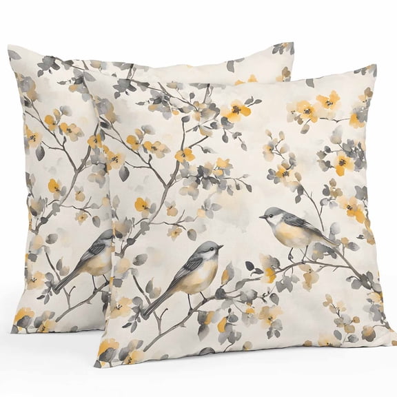 Waterproof Throw Pillow Covers Set of 2, 16x16 Inch Yellow Grey Botanical Decorative Pillowcases Outdoor Pillow Slip Cushion Covers Set for Couch Tent Spring Floral Summer Birds Retro