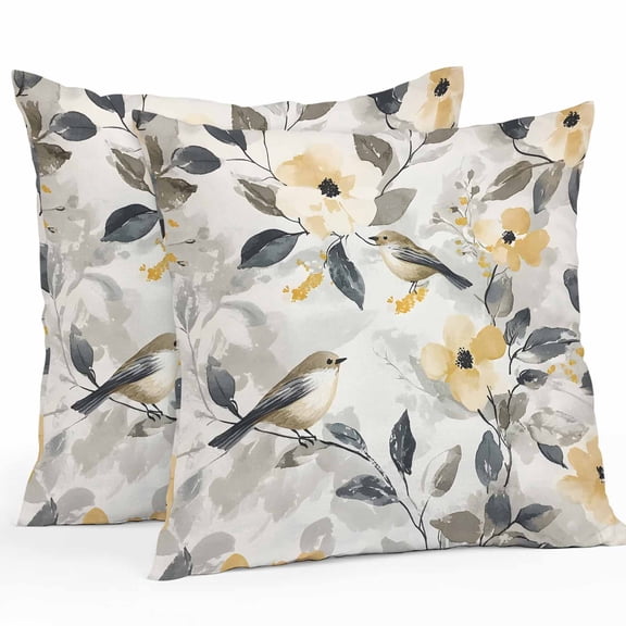 Waterproof Throw Pillow Covers Set of 2, 16x16 Inch Yellow Grey Botanical Decorative Pillowcases Outdoor Pillow Slip Cushion Covers Set for Couch Tent Spring Floral Birds Watercolor