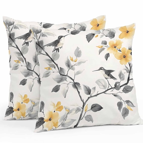 Waterproof Throw Pillow Covers Set of 2, 16x16 Inch Yellow Grey Spring Floral Decorative Pillowcases Outdoor Pillow Slip Cushion Covers Set for Couch Tent Summer Botanical Birds