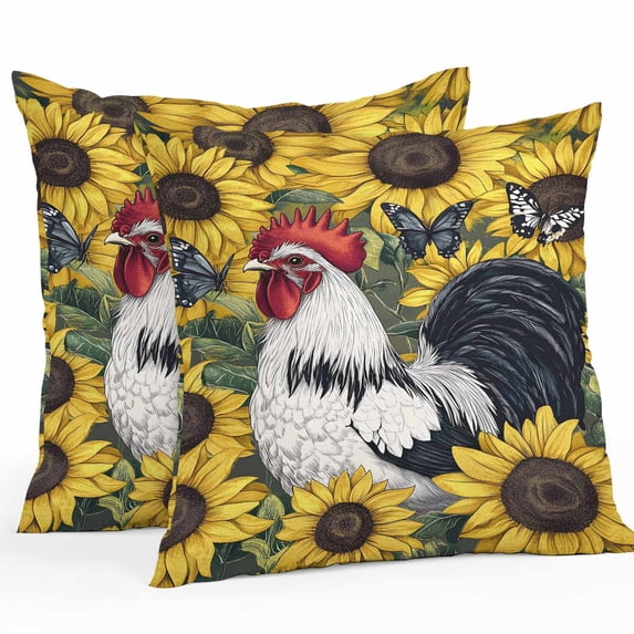 Waterproof Throw Pillow Covers Set of 2, 16x16 Inch Yellow Sunflower Rooster Decorative Pillowcases Outdoor Pillow Slip Cushion Covers Set for Couch Tent Farmhouse Vintage Rooster