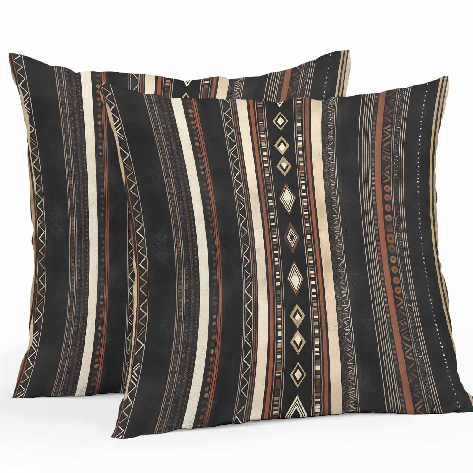 Waterproof Throw Pillow Covers Set of 2, 18x18 Inch Black Beige Boho Decorative Pillowcases Outdoor Pillow Slip Cushion Covers Set for Couch Tent Vintage Abstract Geometric Ethnic