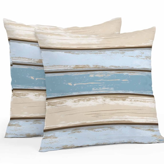 Waterproof Throw Pillow Covers Set of 2, 18x18 Inch Blue Wood Grain Decorative Pillowcases Outdoor Pillow Slip Cushion Covers Set for Couch Tent Vintage Country Watercolor Striped