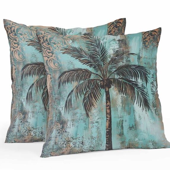 Waterproof Throw Pillow Covers Set of 2, 18x18 Inch Boho Coastal Tree Decorative Pillowcases Outdoor Pillow Slip Cushion Covers Set for Couch Tent Ocean Vintage Tropical Plant Flower