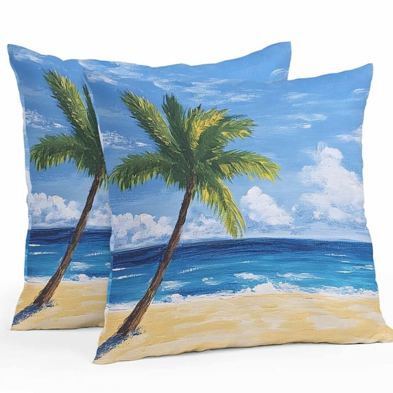 Waterproof Throw Pillow Covers Set of 2, 18x18 Inch Palm Tree Beach Decorative Pillowcases Outdoor Pillow Slip Cushion Covers Set for Couch Tent Summer Ocean Blue Sky Cloudy Scenery