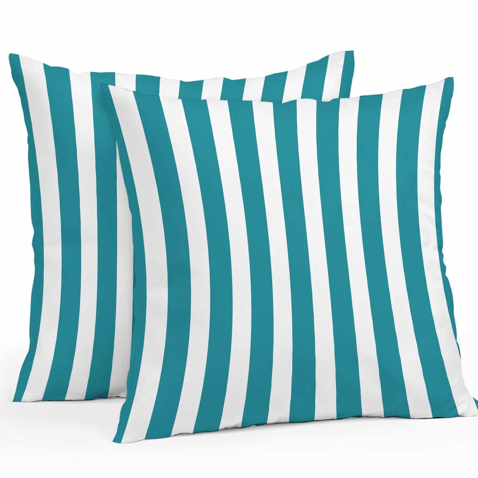 Waterproof Throw Pillow Covers Set of 2, 18x18 Inch Teal Striped Decorative Pillowcases Outdoor Pillow Slip Cushion Covers Set for Couch Tent Simple Art Vertical Stripe Farmhouse