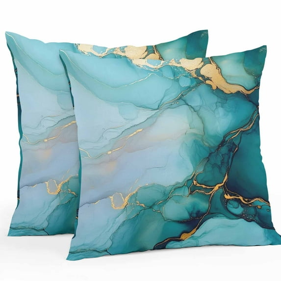 Waterproof Throw Pillow Covers Set of 2, 18x18 Inch Turquoise Gold Marble Decorative Pillowcases Outdoor Pillow Slip Cushion Covers Set for Couch Tent Abstract Simple Geometric