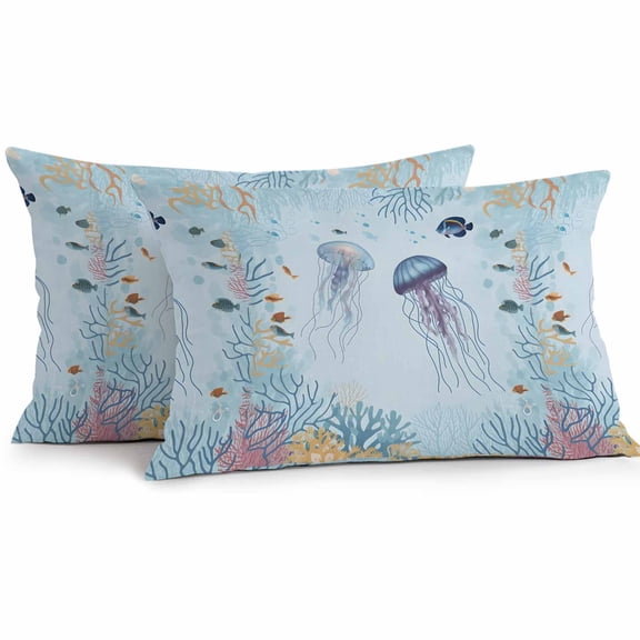 Waterproof Throw Pillow Covers Set of 2, 20x12 Inch Coastal Jellyfish Decorative Pillowcases Outdoor Pillow Slip Cushion Covers Set for Couch Tent Summer Ocean Nautical Fish Coral
