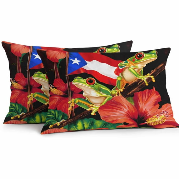 Waterproof Throw Pillow Covers Set of 2, 20x12 Inch Puerto Rico Flag Decorative Pillowcases Outdoor Pillow Slip Cushion Covers Set for Couch Tent Frog Red Flower Summer Leaf