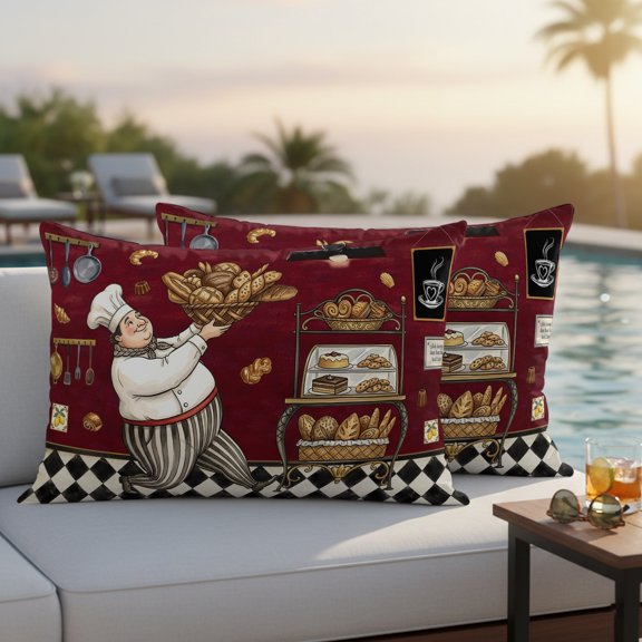 Waterproof Throw Pillow Covers Set of 2, 20x12 Inch Red Kitchen Baker Decorative Pillowcases Outdoor Pillow Slip Cushion Covers Set for Couch Tent Rustic Chef Cooking Kitchenware