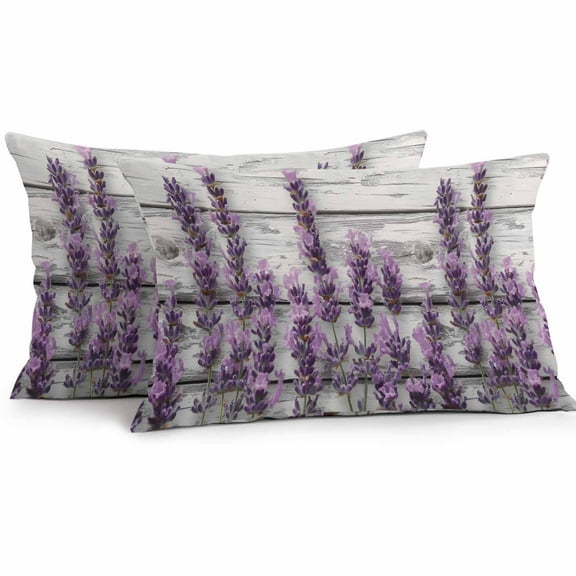 Waterproof Throw Pillow Covers Set of 2, 20x12 Inch Spring Lavender Floral Decorative Pillowcases Outdoor Pillow Slip Cushion Covers Set for Couch Tent Watercolor Purple Flower Wood Grain