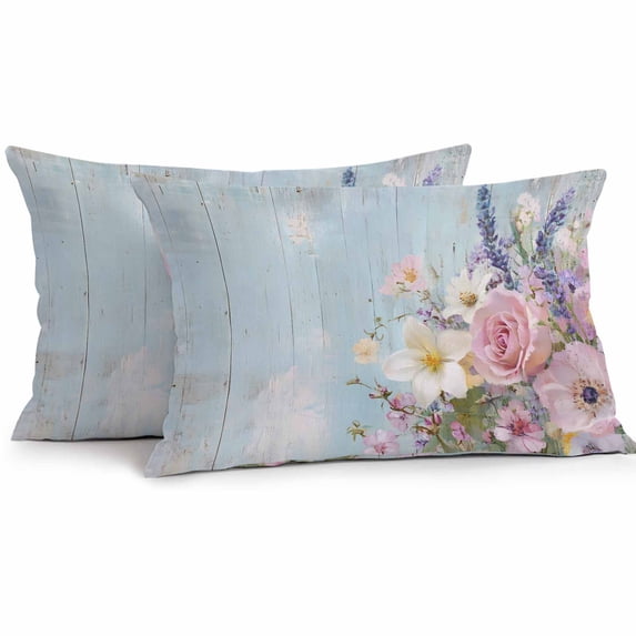 Waterproof Throw Pillow Covers Set of 2, 20x12 Inch Spring Pink Flower Decorative Pillowcases Outdoor Pillow Slip Cushion Covers Set for Couch Tent Lavender Botanical Blue Wood Board