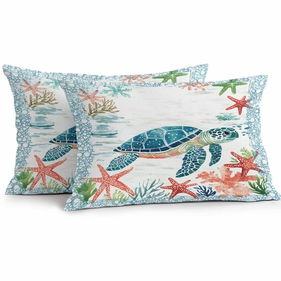 Waterproof Throw Pillow Covers Set of 2, 20x12 Inch Teal Red Coastal Decorative Pillowcases Outdoor Pillow Slip Cushion Covers Set for Couch Tent Summer Beach Turtle Starfish Nautical