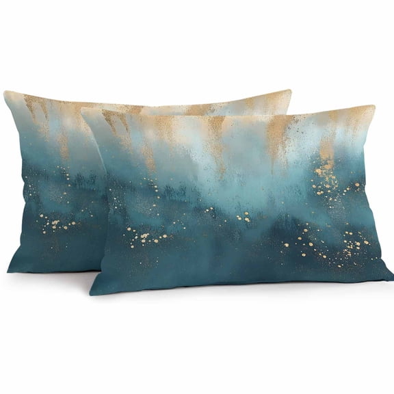 Waterproof Throw Pillow Covers Set of 2, 20x12 Inch Turquoise Gold Geometric Decorative Pillowcases Outdoor Pillow Slip Cushion Covers Set for Couch Tent Modern Abstract Oil Painting