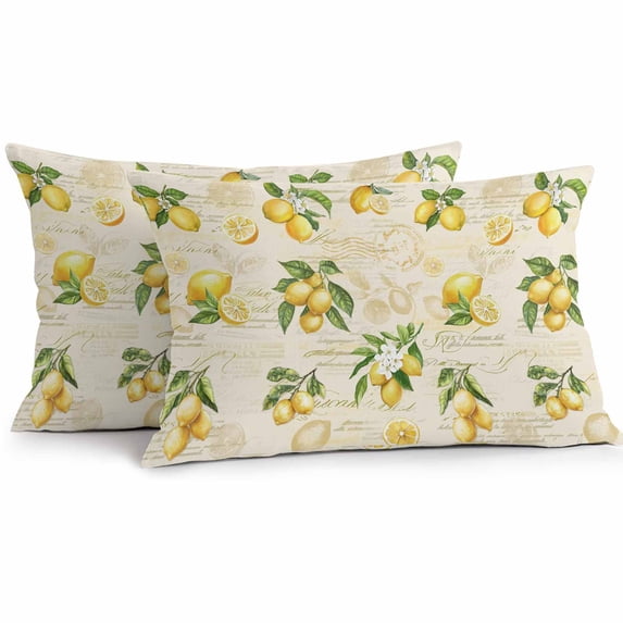 Waterproof Throw Pillow Covers Set of 2, 20x12 Inch Yellow Lemons Decorative Pillowcases Outdoor Pillow Slip Cushion Covers Set for Couch Tent Summer Botanical Fruit Leaves Country