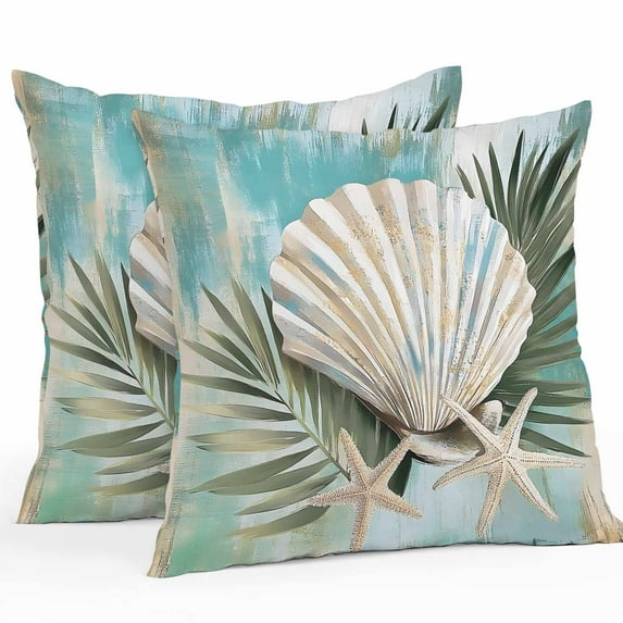 Waterproof Throw Pillow Covers Set of 2, 20x20 Inch Blue Conch Coastal Decorative Pillowcases Outdoor Pillow Slip Cushion Covers Set for Couch Tent Beach Botanical Summer Starfish