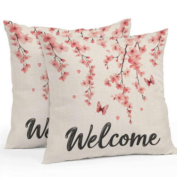 Waterproof Throw Pillow Covers Set of 2, 20x20 Inch Cherry Blossoms Decorative Pillowcases Outdoor Pillow Slip Cushion Covers Set for Couch Tent Spring Farmhouse Botanical Flowers