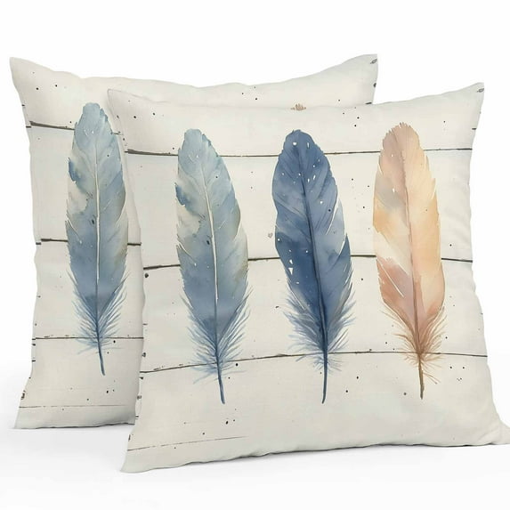 Waterproof Throw Pillow Covers Set of 2, 20x20 Inch Colorful Feather Decorative Pillowcases Outdoor Pillow Slip Cushion Covers Set for Couch Tent Watercolor Retro Rustic Wooden Grain