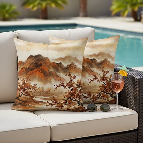 Waterproof Throw Pillow Covers Set of 2, 20x20 Inch Fall Mountains Decorative Pillowcases Outdoor Pillow Slip Cushion Covers Set for Couch Tent Burnt Orange Vintage Country River Valley