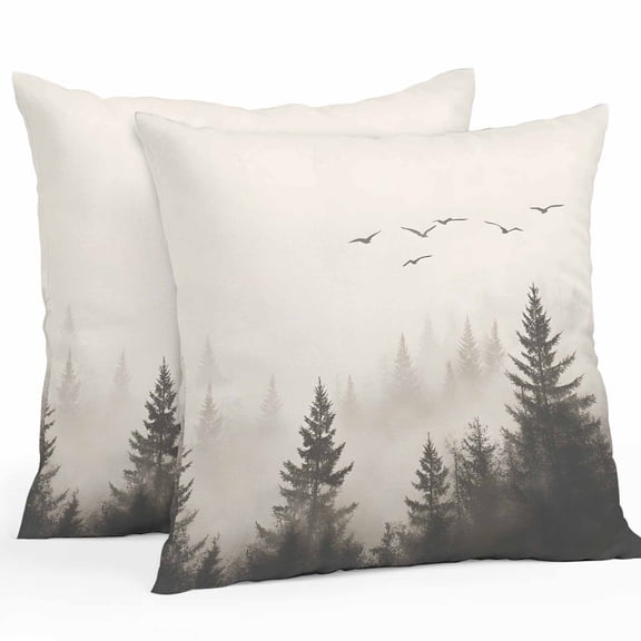 Waterproof Throw Pillow Covers Set of 2, 20x20 Inch Gray Mist Forest Decorative Pillowcases Outdoor Pillow Slip Cushion Covers Set for Couch Tent Vintage Trees Birds Natural Landscape
