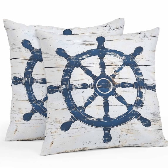 Waterproof Throw Pillow Covers Set of 2, 20x20 Inch Navy Blue Coastal Decorative Pillowcases Outdoor Pillow Slip Cushion Covers Set for Couch Tent Vintage Nautical Summer Rudder
